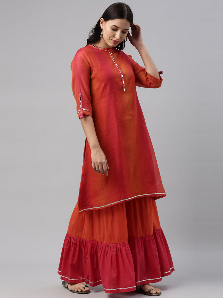 Neerus Pink Chanderi printed kurta set - detail view 2