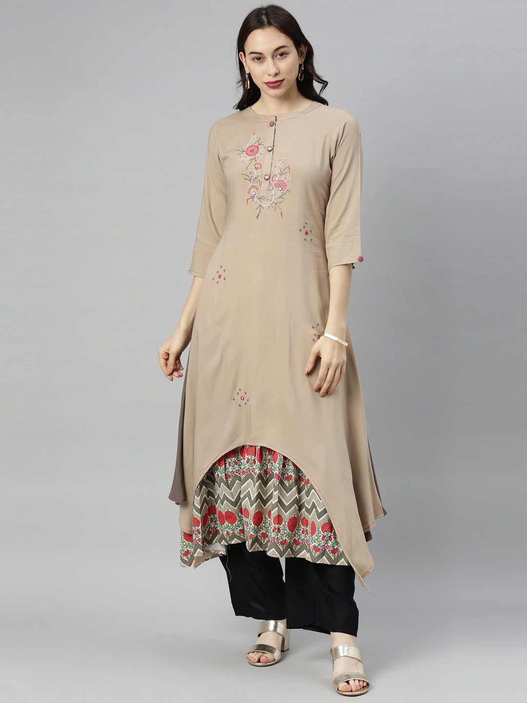 Neerus Brown georgette embroidered high-low kurta - front view