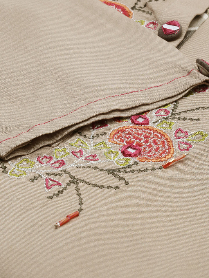Neerus Brown georgette embroidered high-low kurta - detail view 1