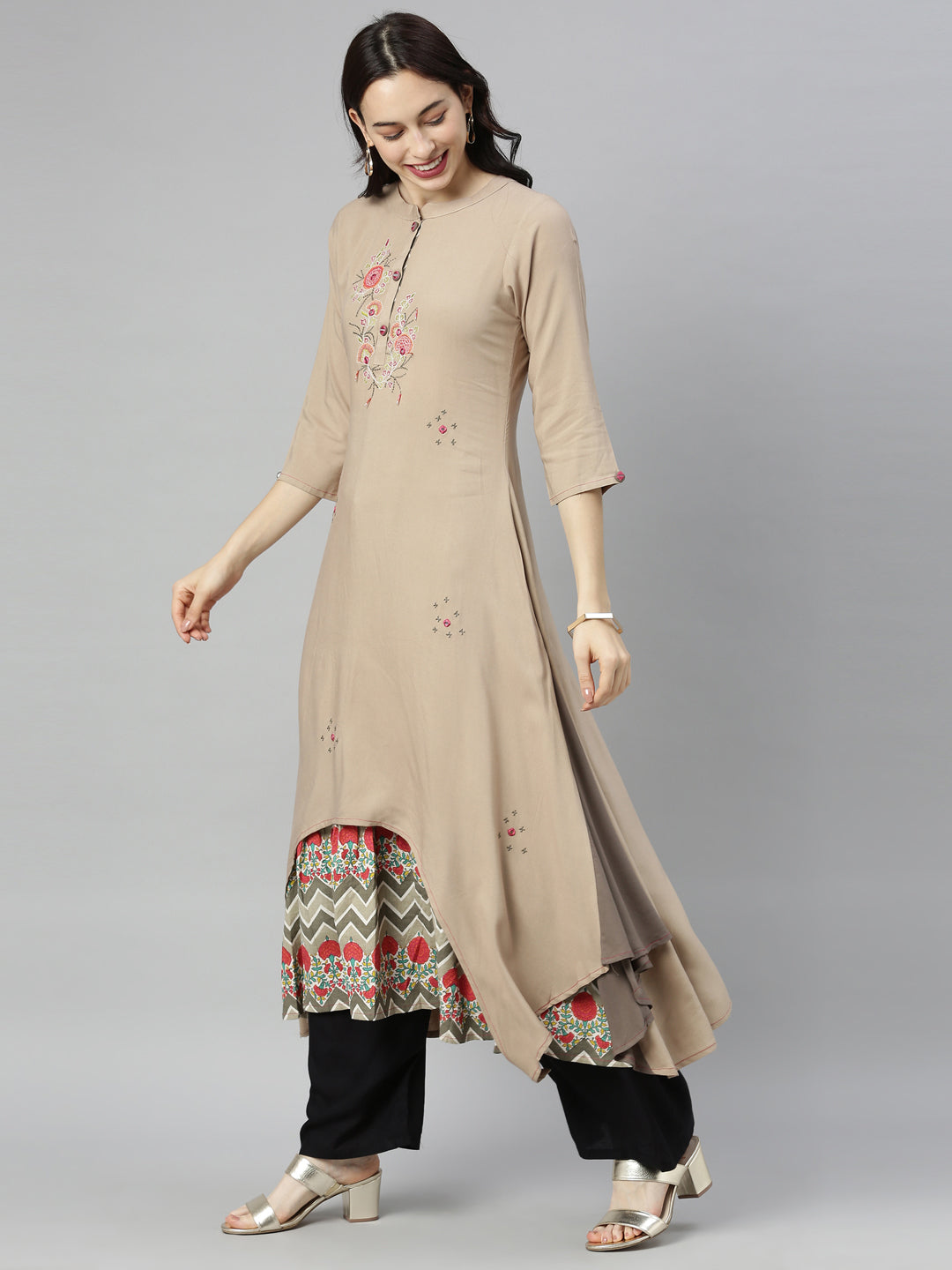 Neerus Brown georgette embroidered high-low kurta - detail view 2