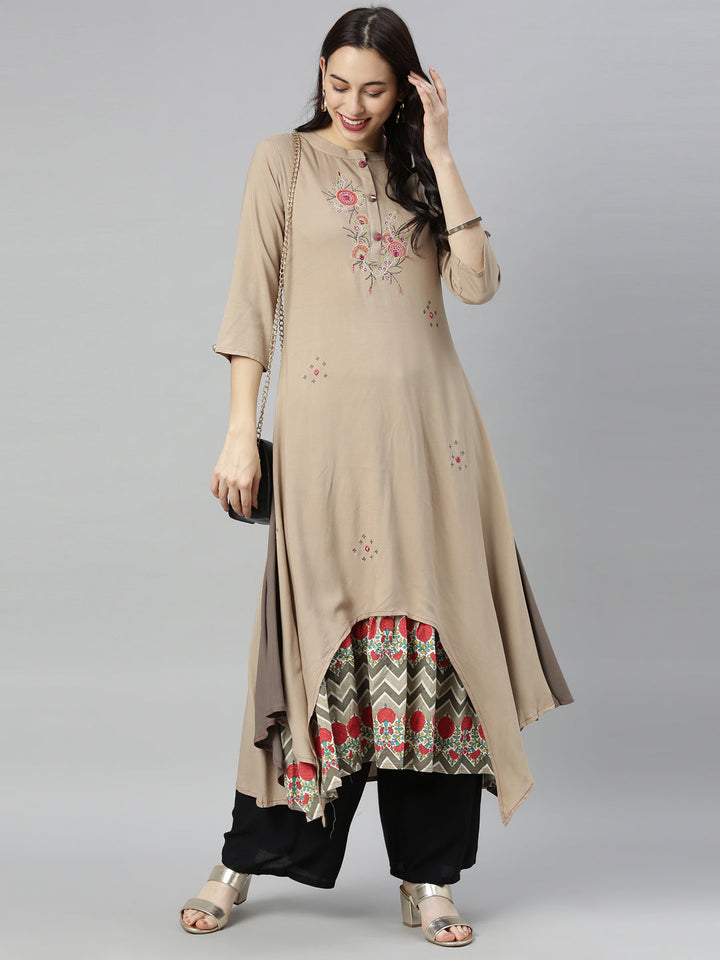 Neerus Brown georgette embroidered high-low kurta - detail view 5