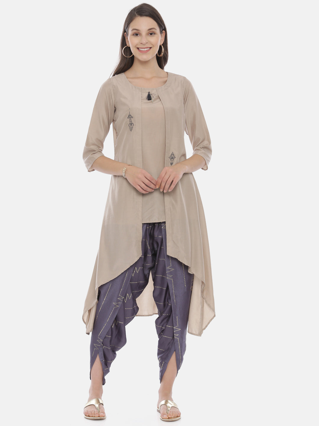 Neerus Grey muslin embroidered kurta set - front view