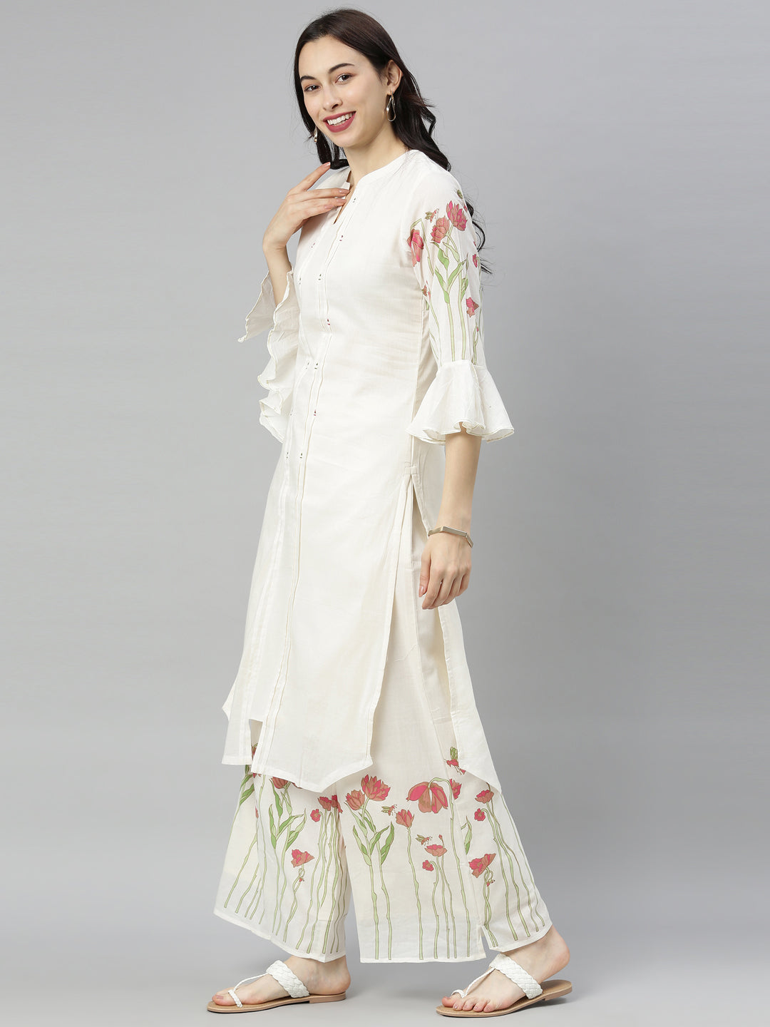 Neerus White cotton printed kurta set - back view
