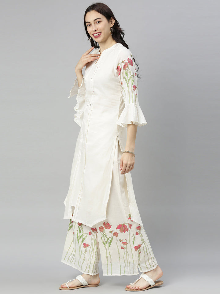 Neerus White cotton printed kurta set - back view