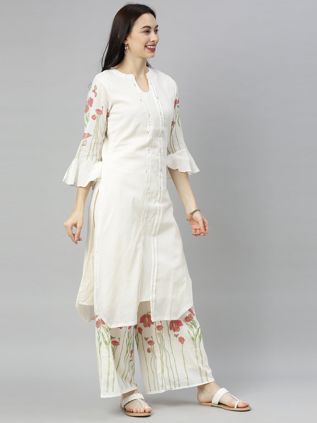 Neerus White cotton printed kurta set - side view