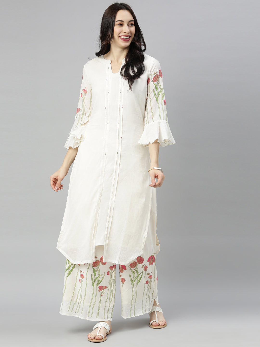 Neerus White cotton printed kurta set - front view
