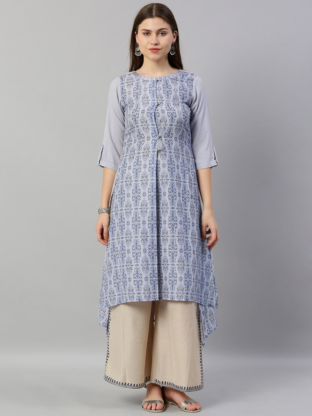 Neerus Blue muslin printed high-low kurta - front view