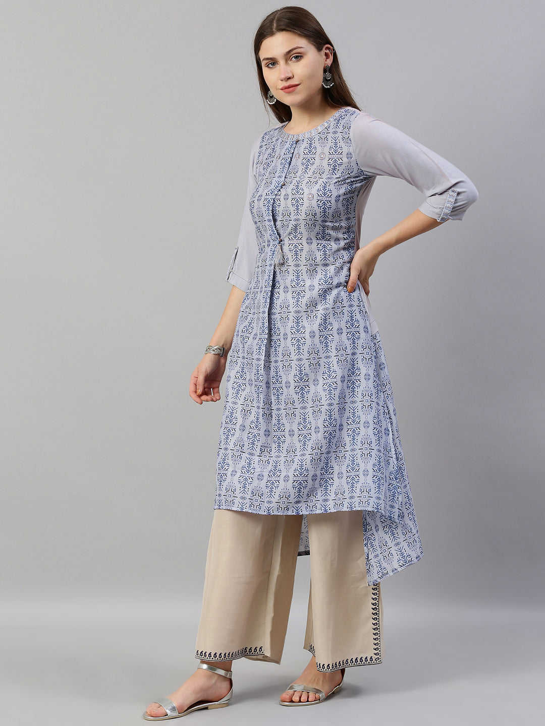 Neerus Blue muslin printed high-low kurta - side view