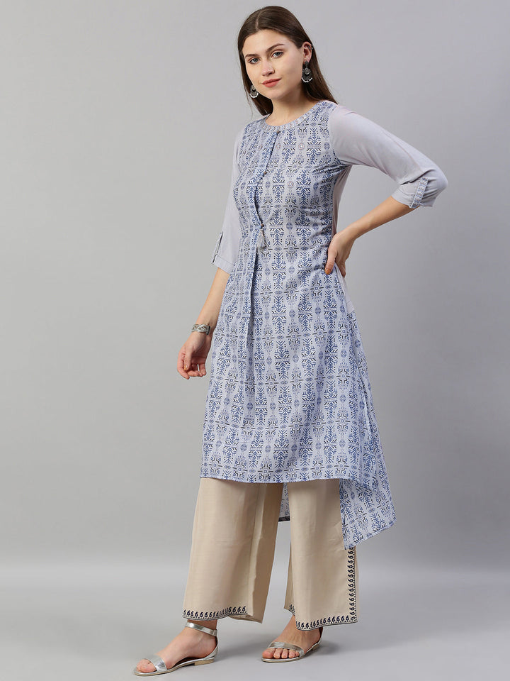Neerus Blue muslin printed high-low kurta - side view