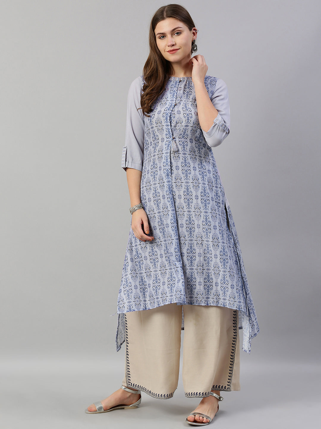 Neerus Blue muslin printed high-low kurta - detail view 2