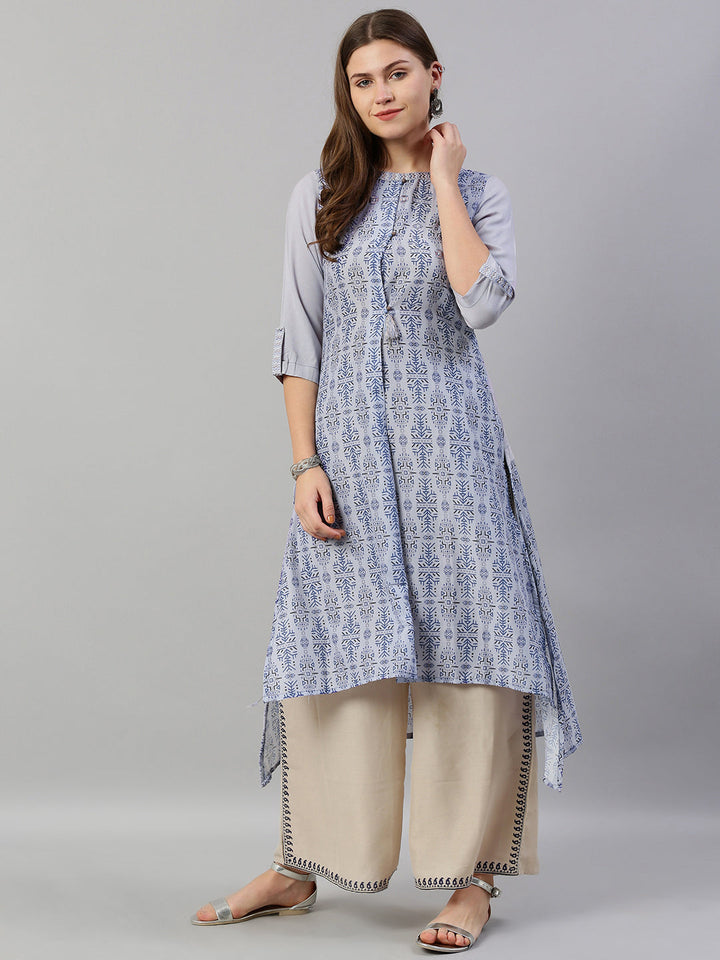 Neerus Blue muslin printed high-low kurta - detail view 2