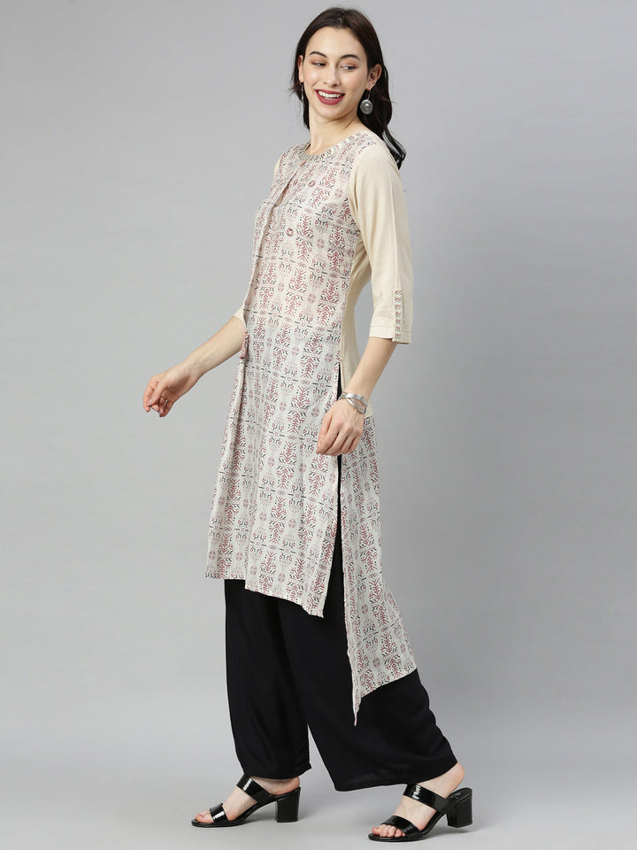 Neerus Beige muslin printed high-low kurta - detail view 2