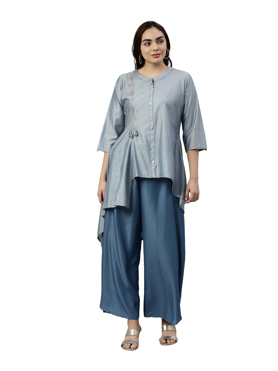 Neerus Blue muslin printed kurta set - front view