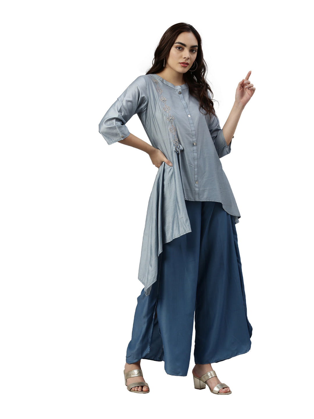 Neerus Blue muslin printed kurta set - detail view 3