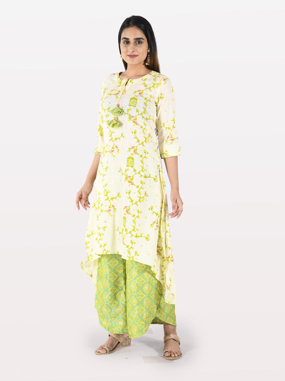 Neerus Beige cotton printed kurta set with palazzo - detail view 2