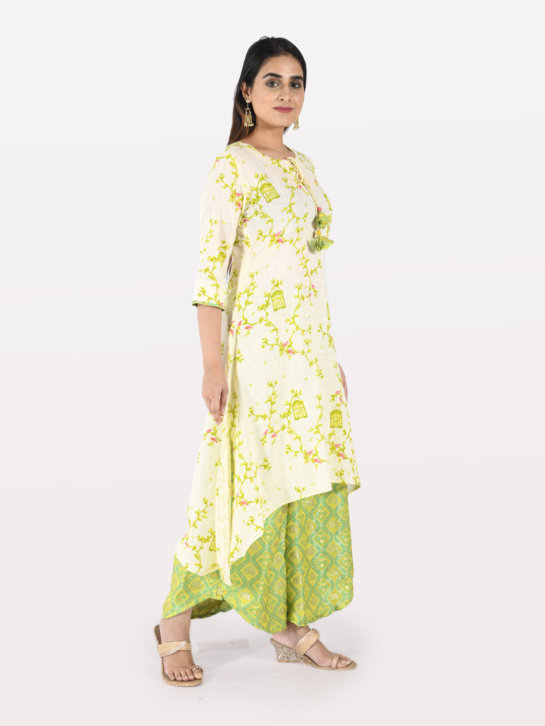 Neerus Beige cotton printed kurta set with palazzo - front view