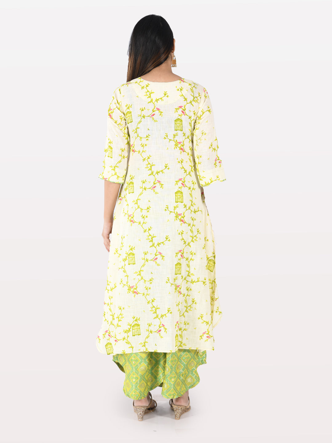 Neerus Beige cotton printed kurta set with palazzo - back view