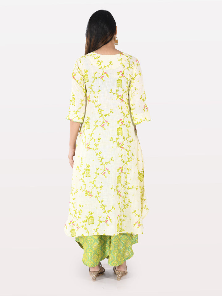Neerus Beige cotton printed kurta set with palazzo - back view