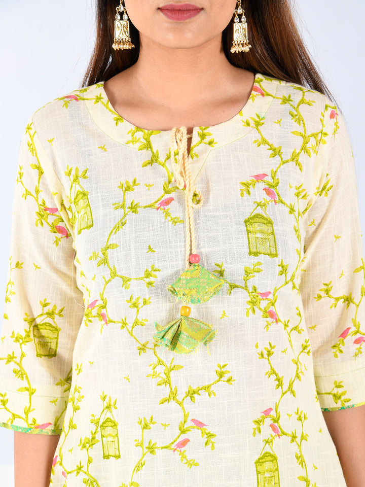 Neerus Beige cotton printed kurta set with palazzo - side view