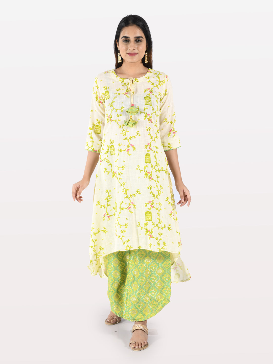 Neerus Beige cotton printed kurta set with palazzo - detail view 1