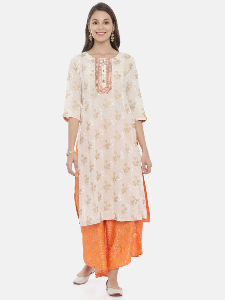 Neerus Cream & Orange Printed Kurta & Palazzo Set