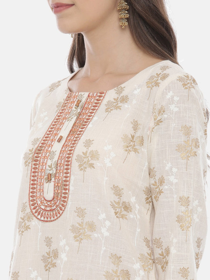 Neerus Cream & Orange Printed Kurta & Palazzo Set