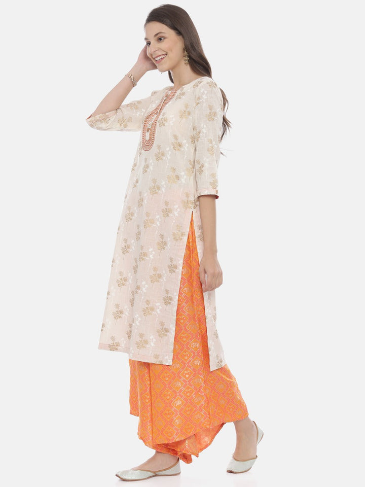 Neerus Cream & Orange Printed Kurta & Palazzo Set