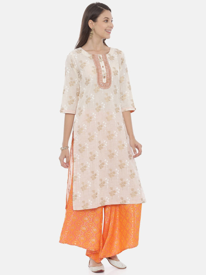 Neerus Cream & Orange Printed Kurta & Palazzo Set