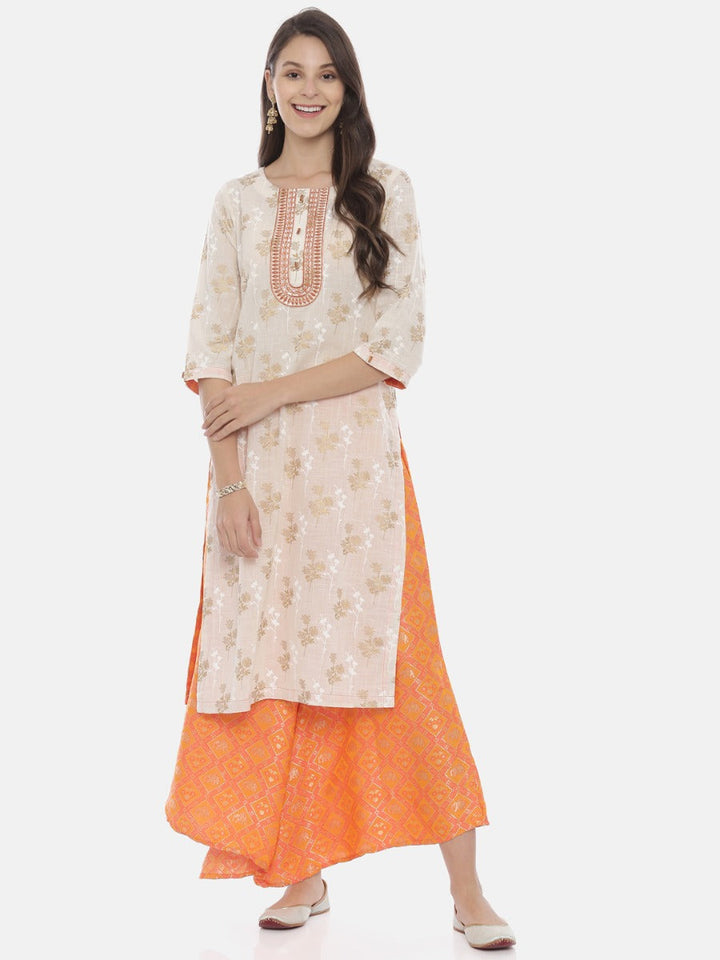 Neerus Cream & Orange Printed Kurta & Palazzo Set