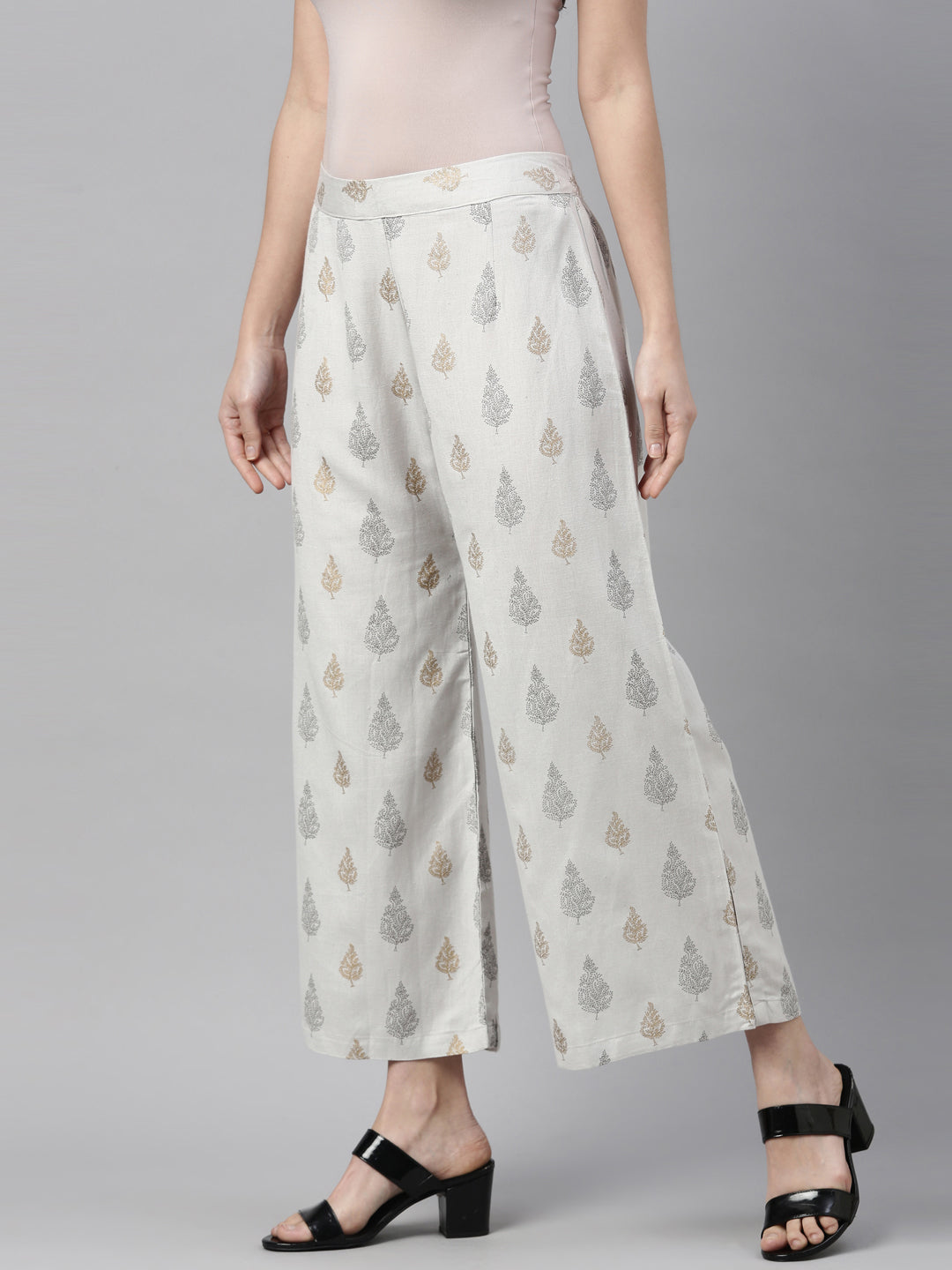 Neerus Grey cotton printed palazzo - side view