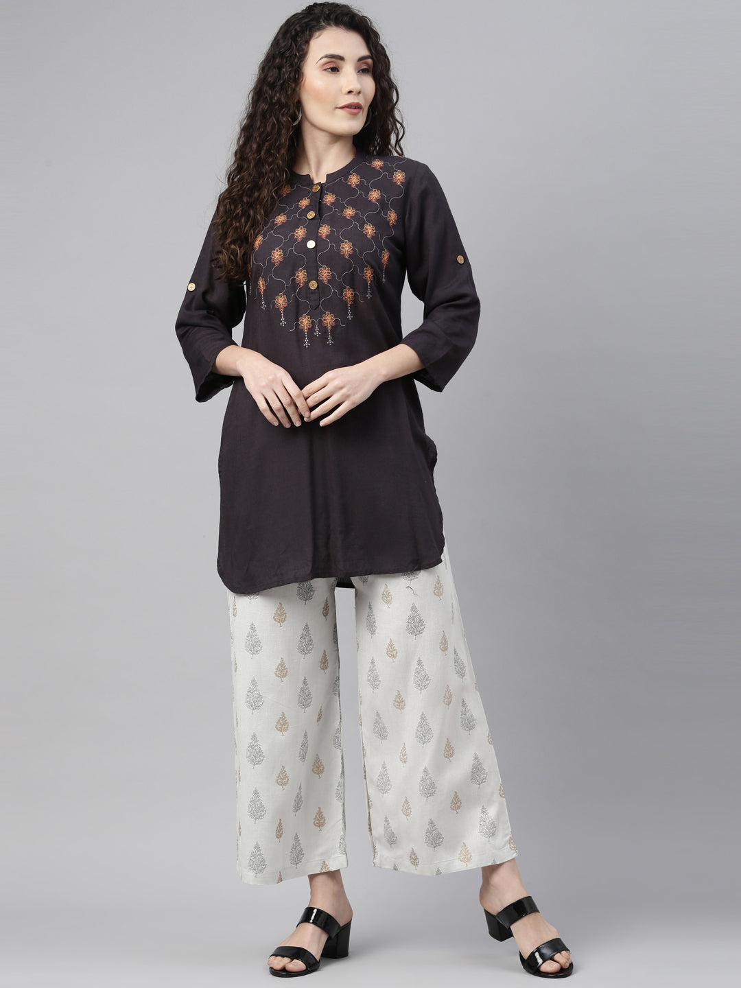 Neerus Grey cotton printed palazzo - front view