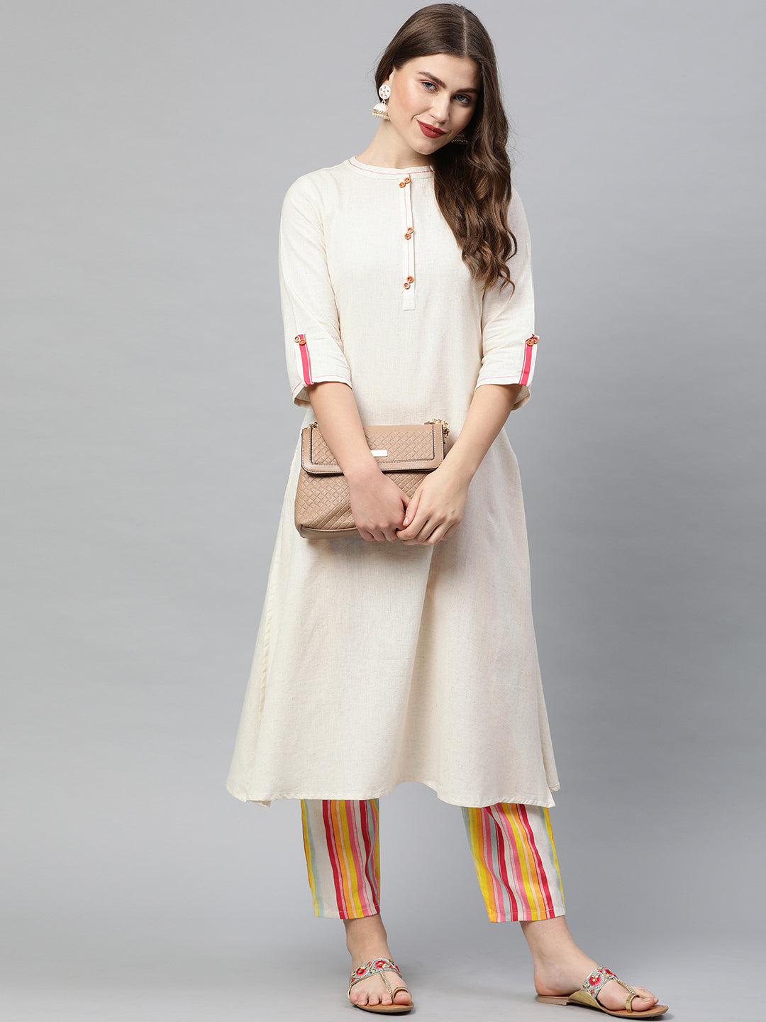 Neerus White cotton embroidered A-line kurta - detail view 3