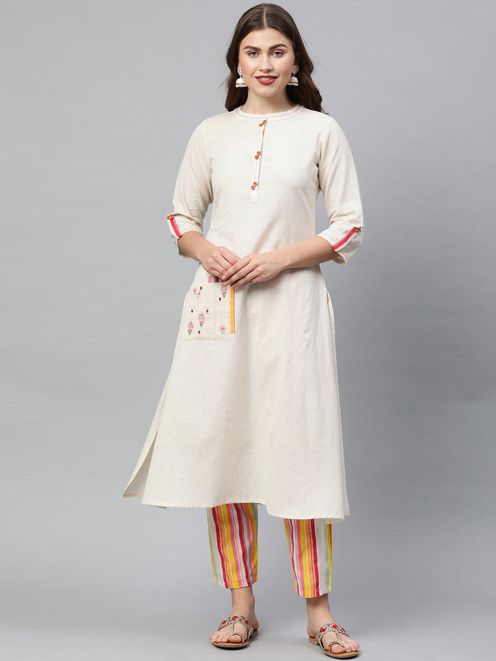 Neerus White cotton embroidered A-line kurta - front view