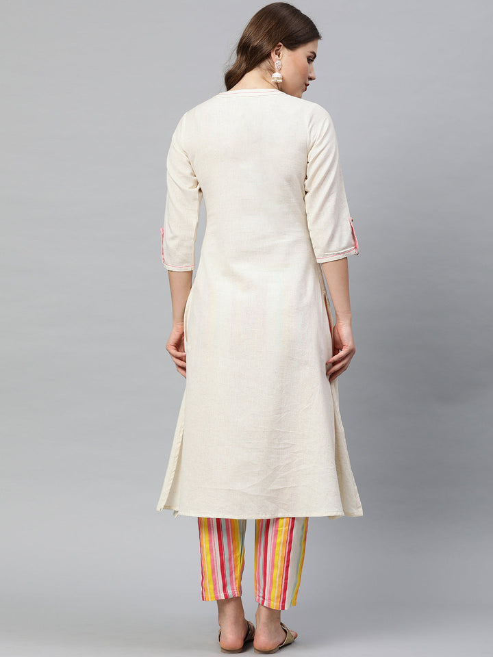 Neerus White cotton embroidered A-line kurta - detail view 2