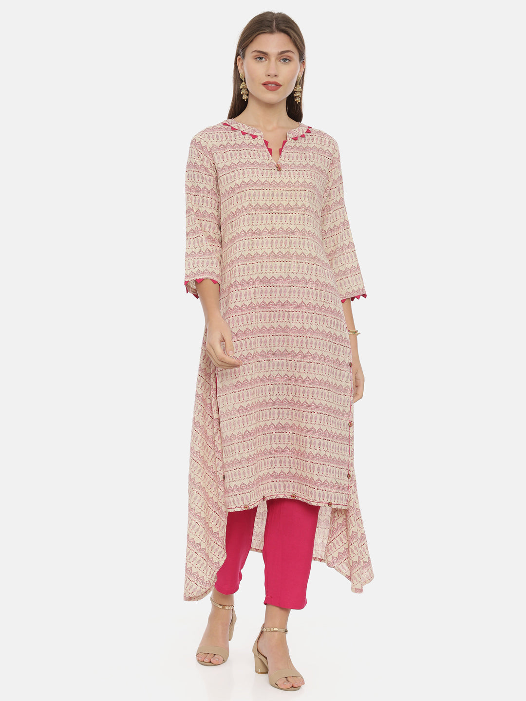 Neerus Beige cotton printed high-low kurta - front view