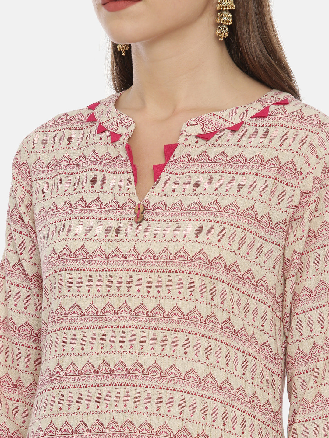 Neerus Beige cotton printed high-low kurta - back view