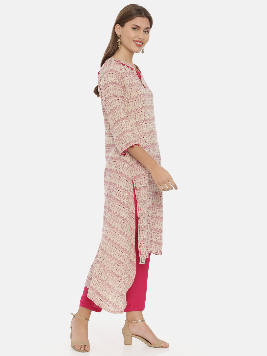 Neerus Beige cotton printed high-low kurta - detail view 1
