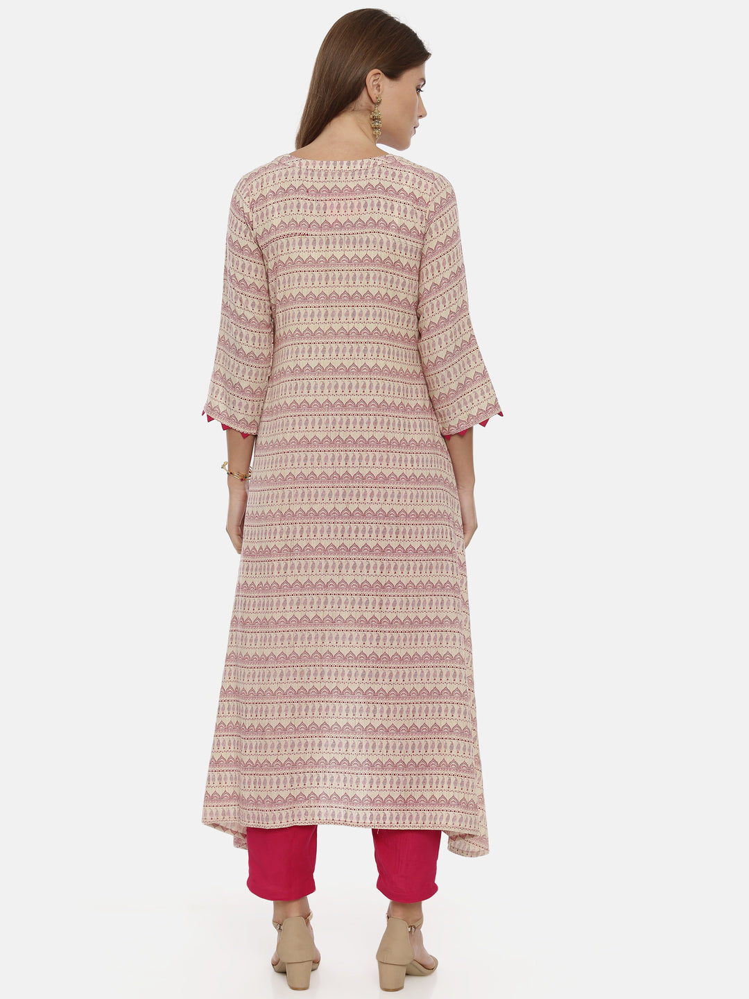 Neerus Beige cotton printed high-low kurta - detail view 2