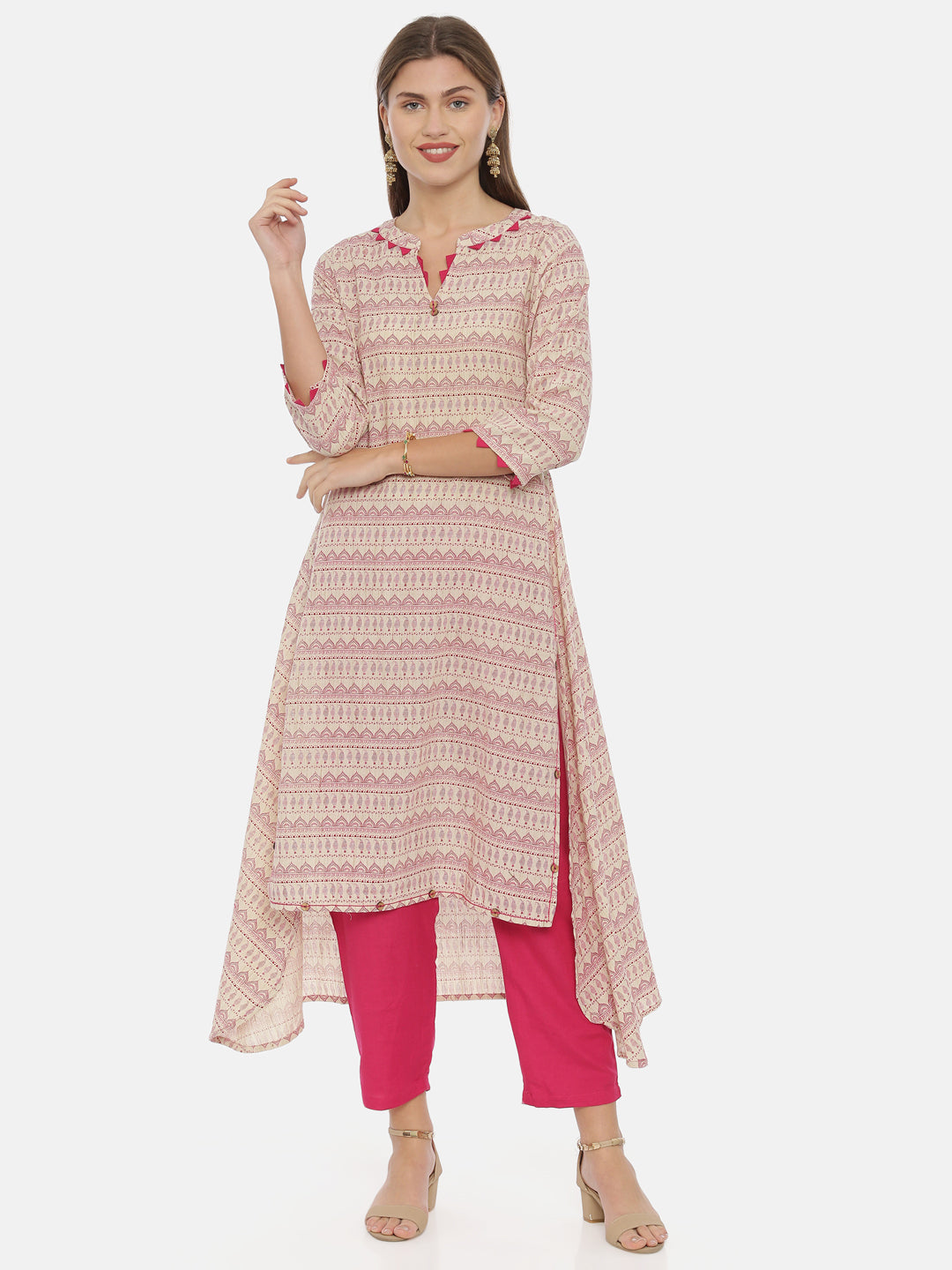 Neerus Beige cotton printed high-low kurta - detail view 3
