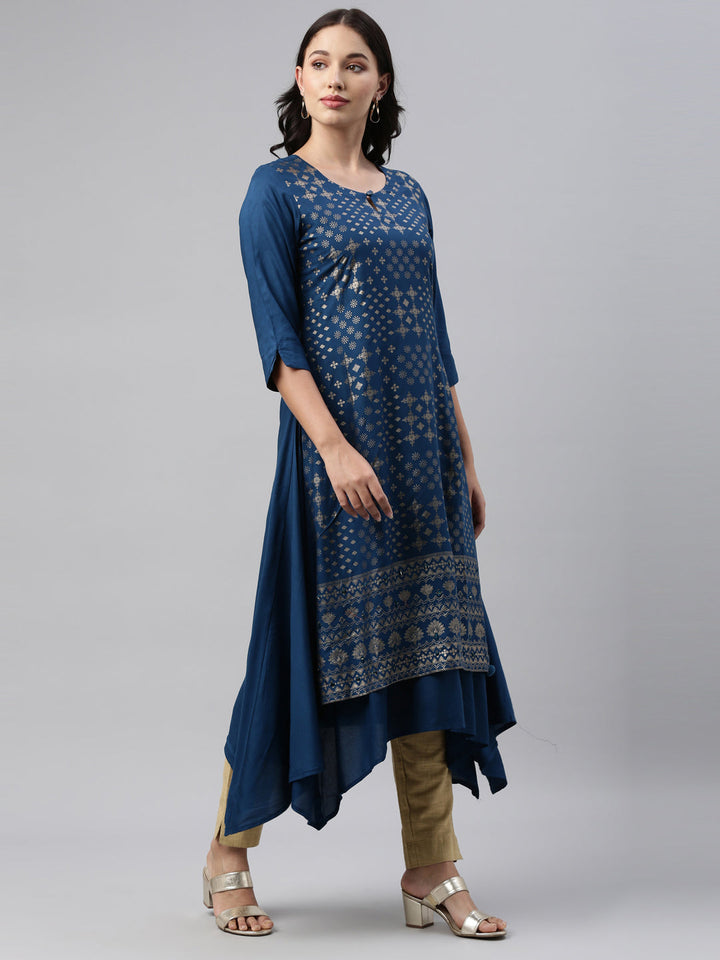 Neerus Blue rayon straight kurti - side view