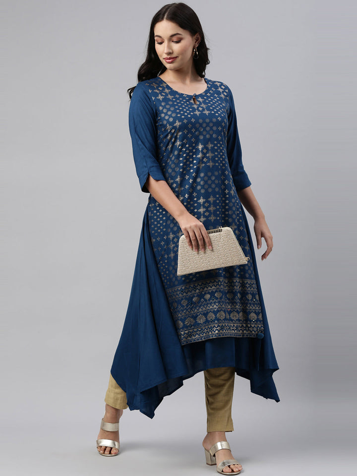 Neerus Blue rayon straight kurti - front view