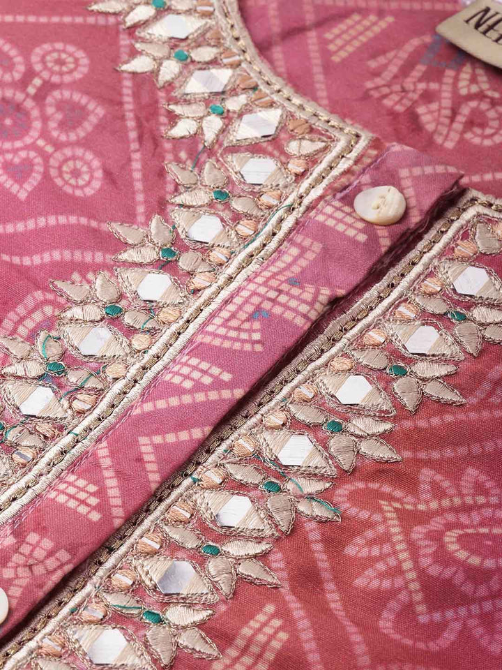 Neerus Pink Printed A Line Kurta
