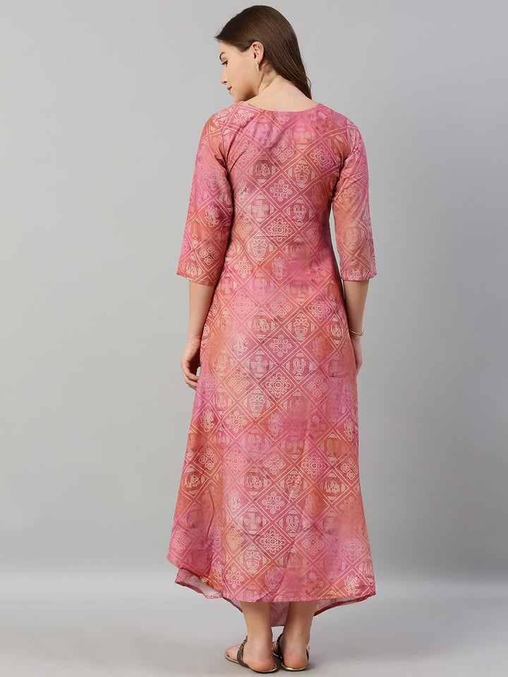 Neerus Pink Printed A Line Kurta