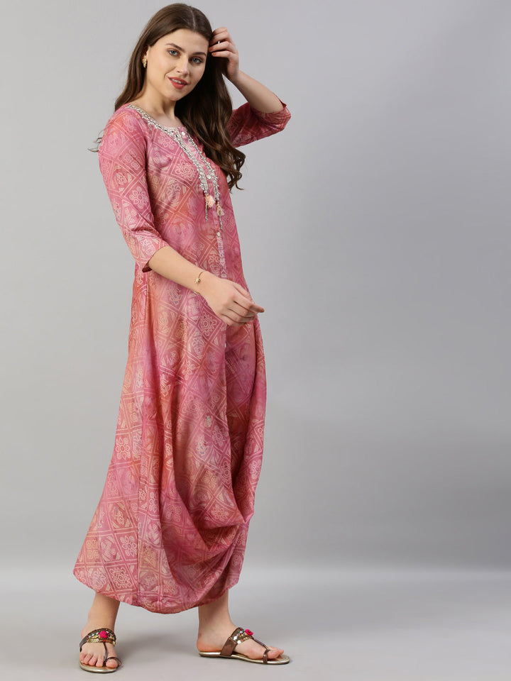 Neerus Pink Printed A Line Kurta