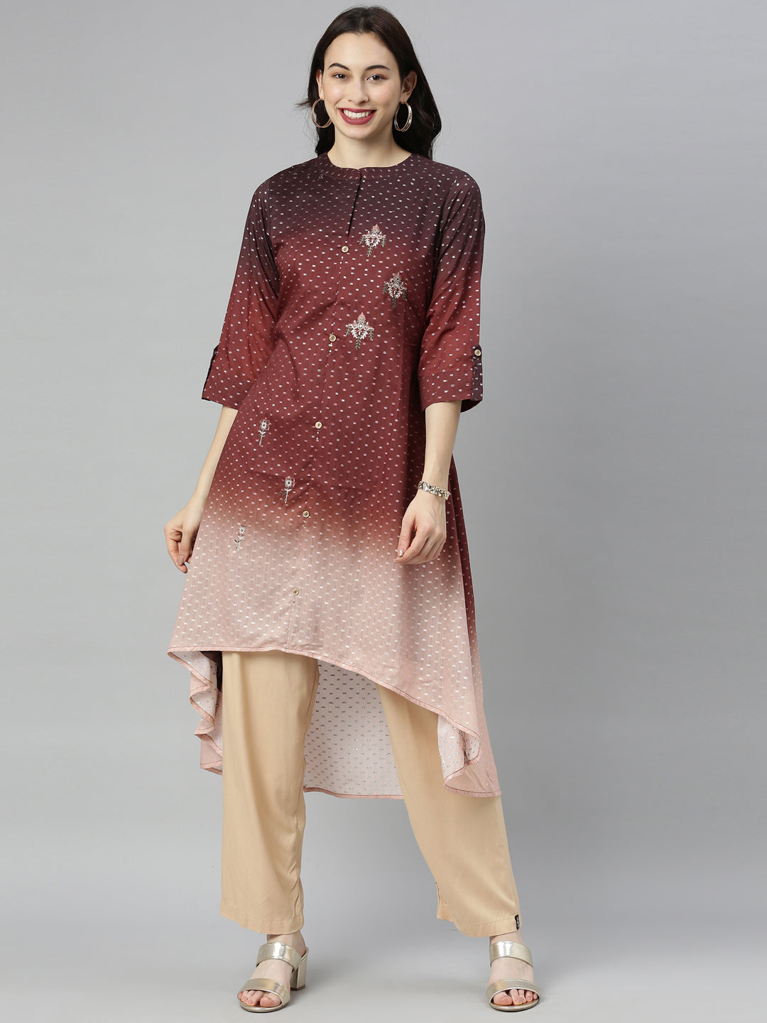 Neerus Brown modal printed high-low kurti mandarin collar - front view