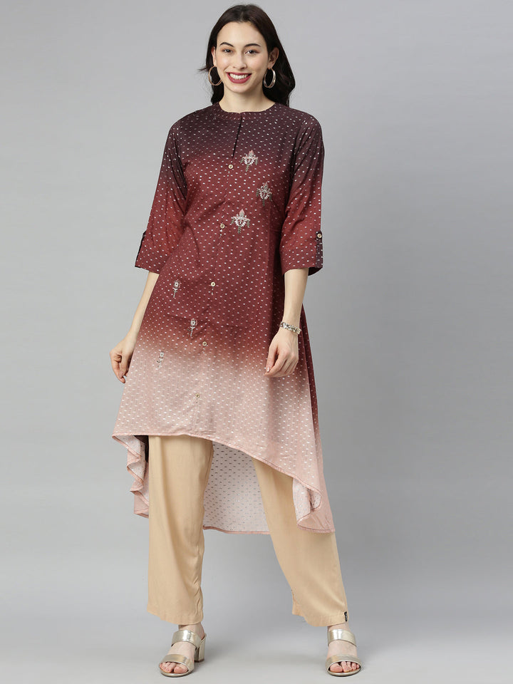Neerus Brown modal printed high-low kurti mandarin collar - front view