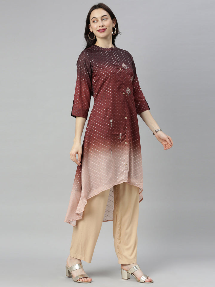 Neerus Brown modal printed high-low kurti mandarin collar - detail view 3