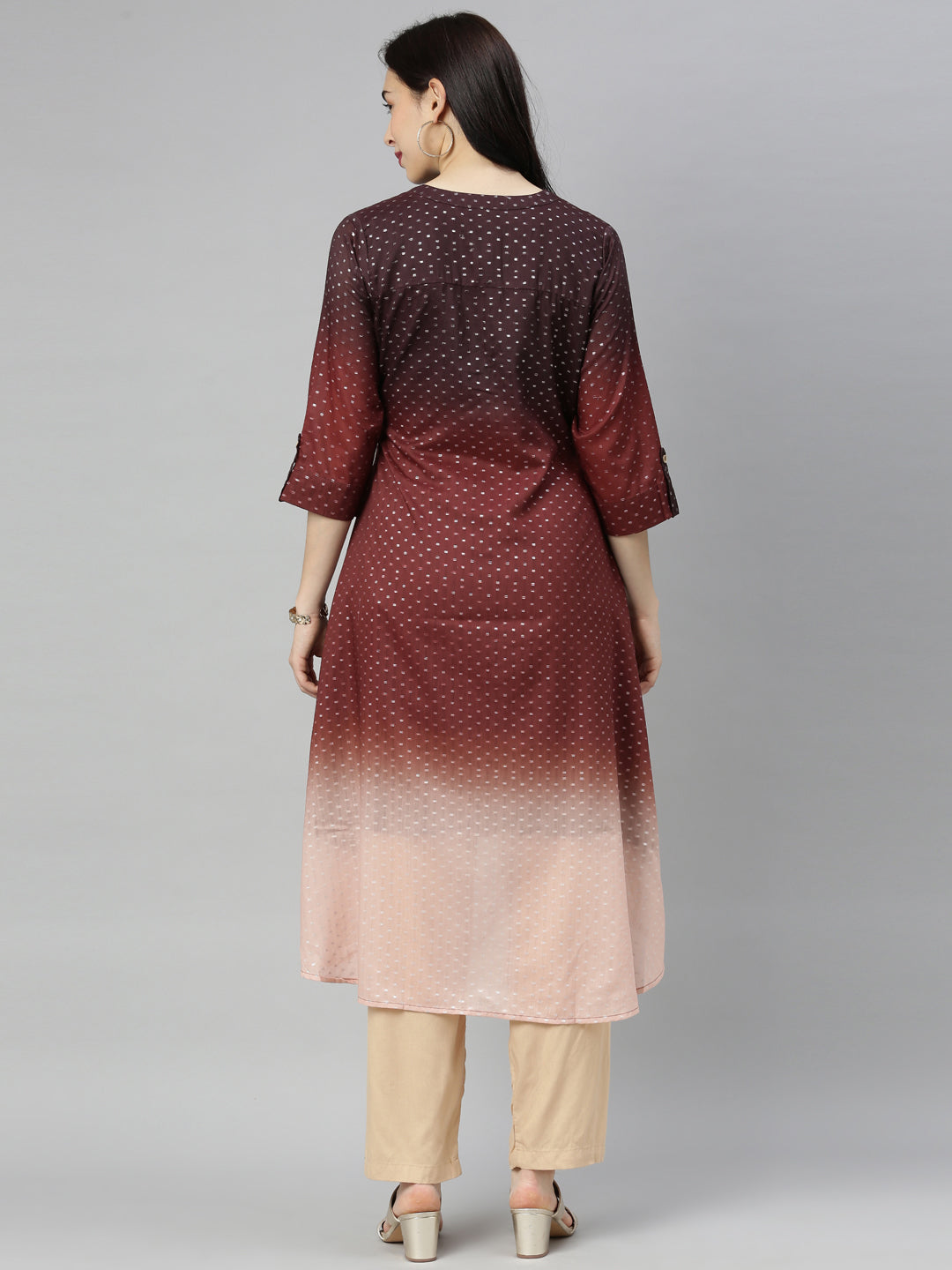 Neerus Brown modal printed high-low kurti mandarin collar - detail view 4