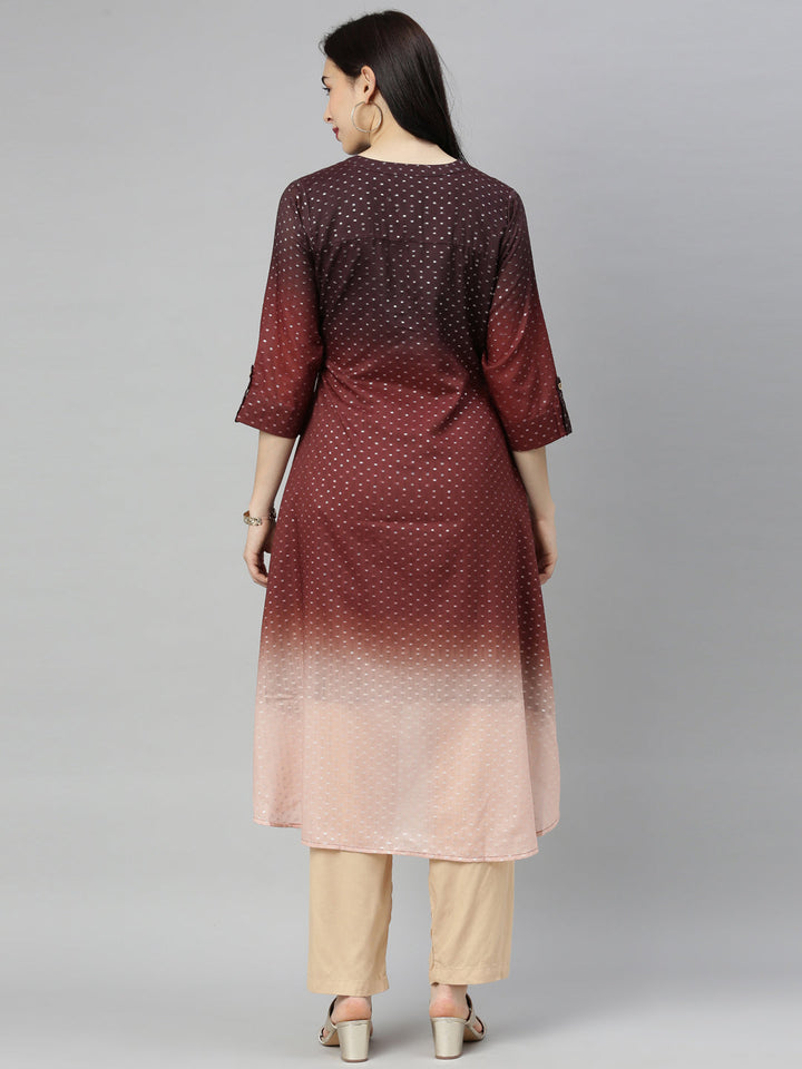 Neerus Brown modal printed high-low kurti mandarin collar - detail view 4