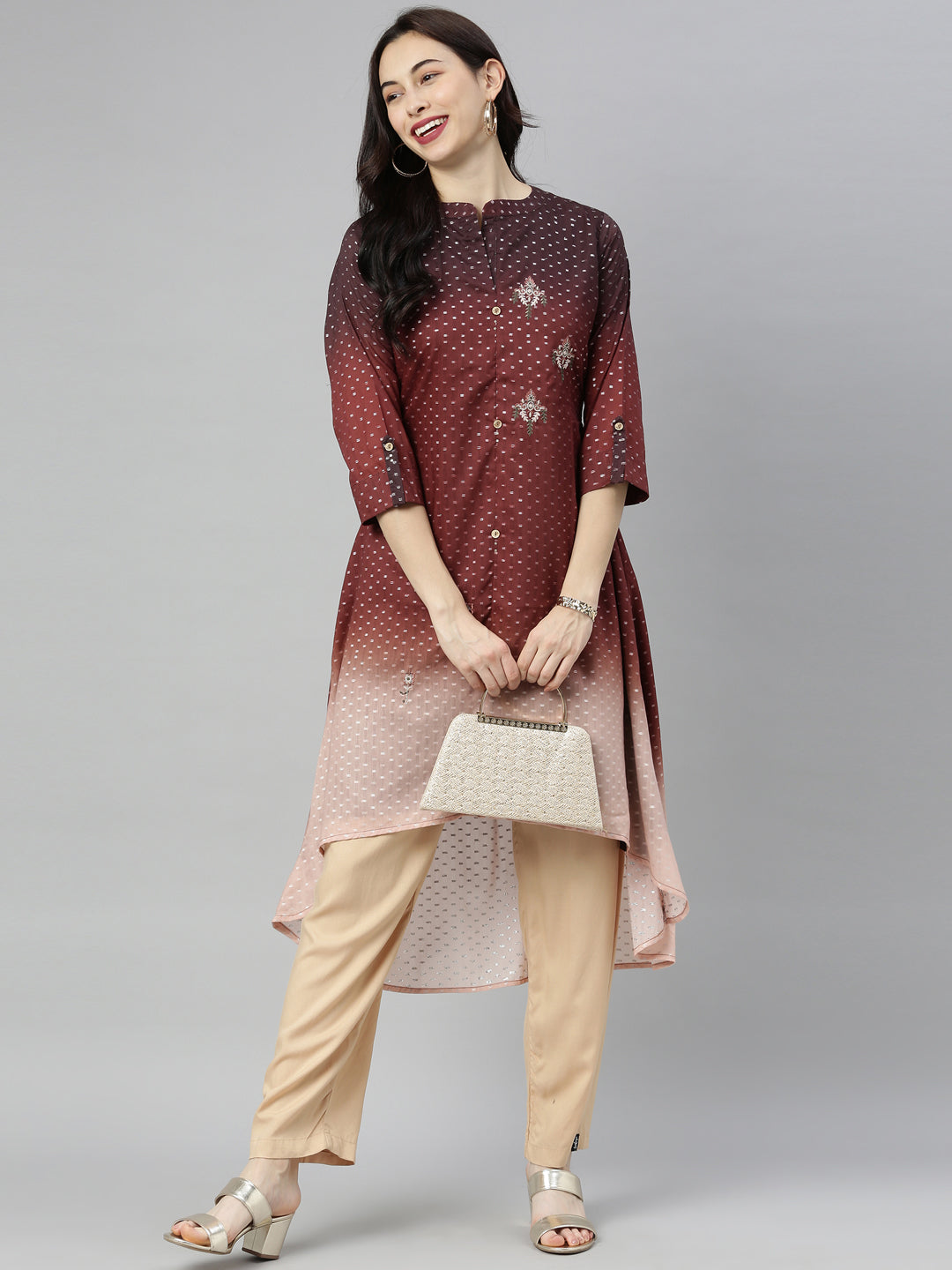Neerus Brown modal printed high-low kurti mandarin collar - detail view 5